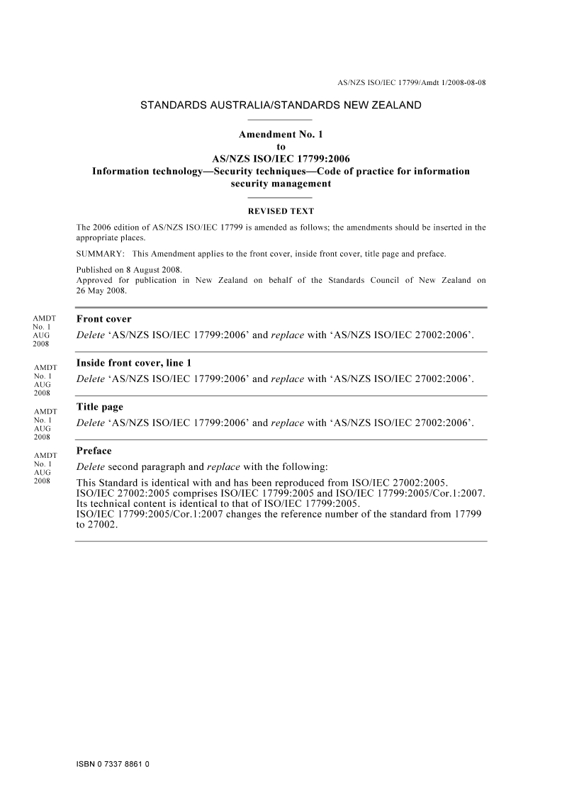 AS/NZS ISO/IEC 17799-2006 AMDT 1