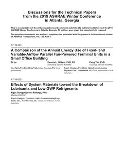 Addendum to ASHRAE Transactions – 2019 Winter Conference – Atlanta, GA, Vol. 125, Part 1