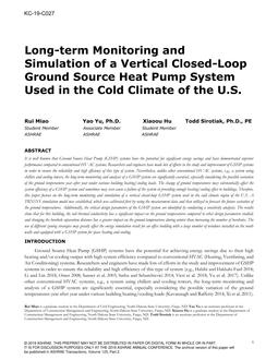 KC-19-C027 — Long-term Monitoring and Simulation of a Vertical Closed-Loop Ground Source Heat Pump System Used in the Cold Climate of the U.S.