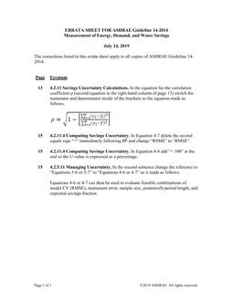 Errata to Guideline 14-2014 — Measurement of Energy, Demand, and Water Savings