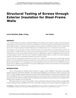 Structural Testing of Screws through Exterior Insulation for Steel-Frame Walls