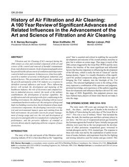 OR-20-004 — History of Air Filtration and Air Cleaning: A100 Year Review of Significant Advances and Related Influences in the Advancement of the Art and Science of Filtration and Air Cleaning