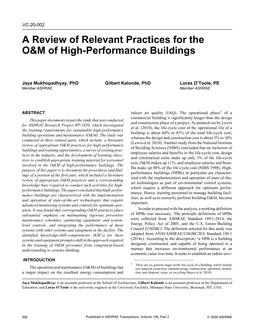 VC-20-002 — A Review of Relevant Practices for O&M of High-Performance Buildings