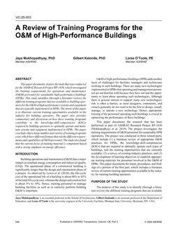 VC-20-003 — A Review Training Programs for O&M of High-Performance Buildings