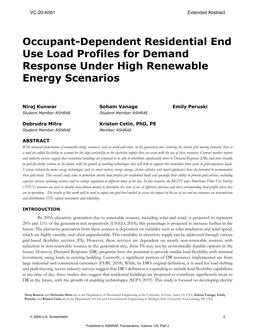 VC-20-A001 — Occupant-Dependent Residential End Use Load Profiles for Demand Response Under High Renewable Energy Scenarios