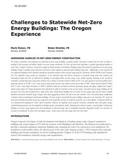 VC-20-C001 — Challenges to Statewide Net-Zero Energy Buildings: The Oregon Experience