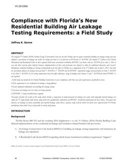 VC-20-C009 — Compliance with Florida's New Residential Building Air Leakage Testing Requirements: A Field Study