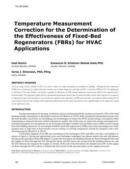 VC-20-C044 — Temperature Measurement Correction for the Determination of the Effectiveness of Fixed-Bed Regenerators (FBRs) for HVAC Applications