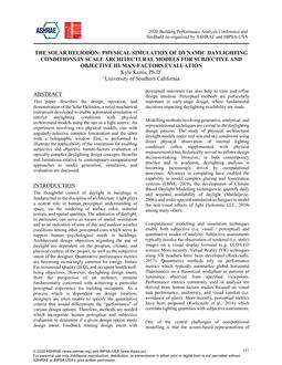 The Solar Heliodon: Physical Simulation of Dynamic Daylighting Conditions in Scale Architectural Models for Subjective and Objective Human-Factors Evaluation