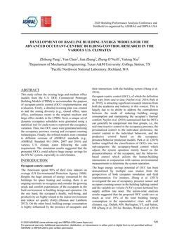 Development of Baseline Building Energy Models for the Advanced Occupant-Centric Building Control Research in the Various U.S. Climates