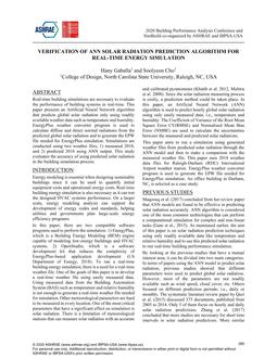 Verification of Ann Solar Radiation Prediction Algorithm for Real-Time Energy Simulation