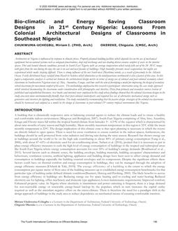 Bio-Climatic and Energy-Saving Classroom Designs in 21st Century Nigeria: Lessons From Colonial Architectural Designs of Classrooms in Southeast Nigeria