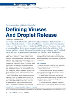 Virus Transmission Modes and Mitigation Strategies, Part 1: Defining Viruses and Droplet Release