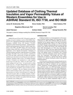 VC-21-011 (RP-1760) — Updated Database of Clothing Thermal Insulation and Vapor Permeability Values of Western Ensembles for Use in ASHRAE Standard 55, ISO 7730, and ISO 9920