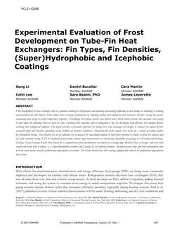 VC-21-C058 — Experimental Evaluation of Frost Development on Tube-Fin Heat Exchangers: Fin Types, Fin Densities, (Super)Hydrophobic and Icephobic Coatings