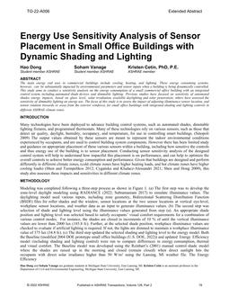 TO-22-A006 – Energy Use Sensitivity Analysis of Sensor Placement in Small Office Buildings with Dynamic Shading and Lighting