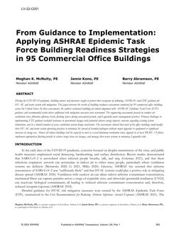 LV-22-C051 – From Guidance to Implementation: Applying ASHRAE Epidemic Task Force Building Readiness Strategies in 95 Commercial Office Buildings