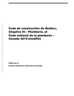 Code de construction du Quebec, Chapitre III – Plomberie, et Code national de la plomberie – Canada 2015 (modifie)